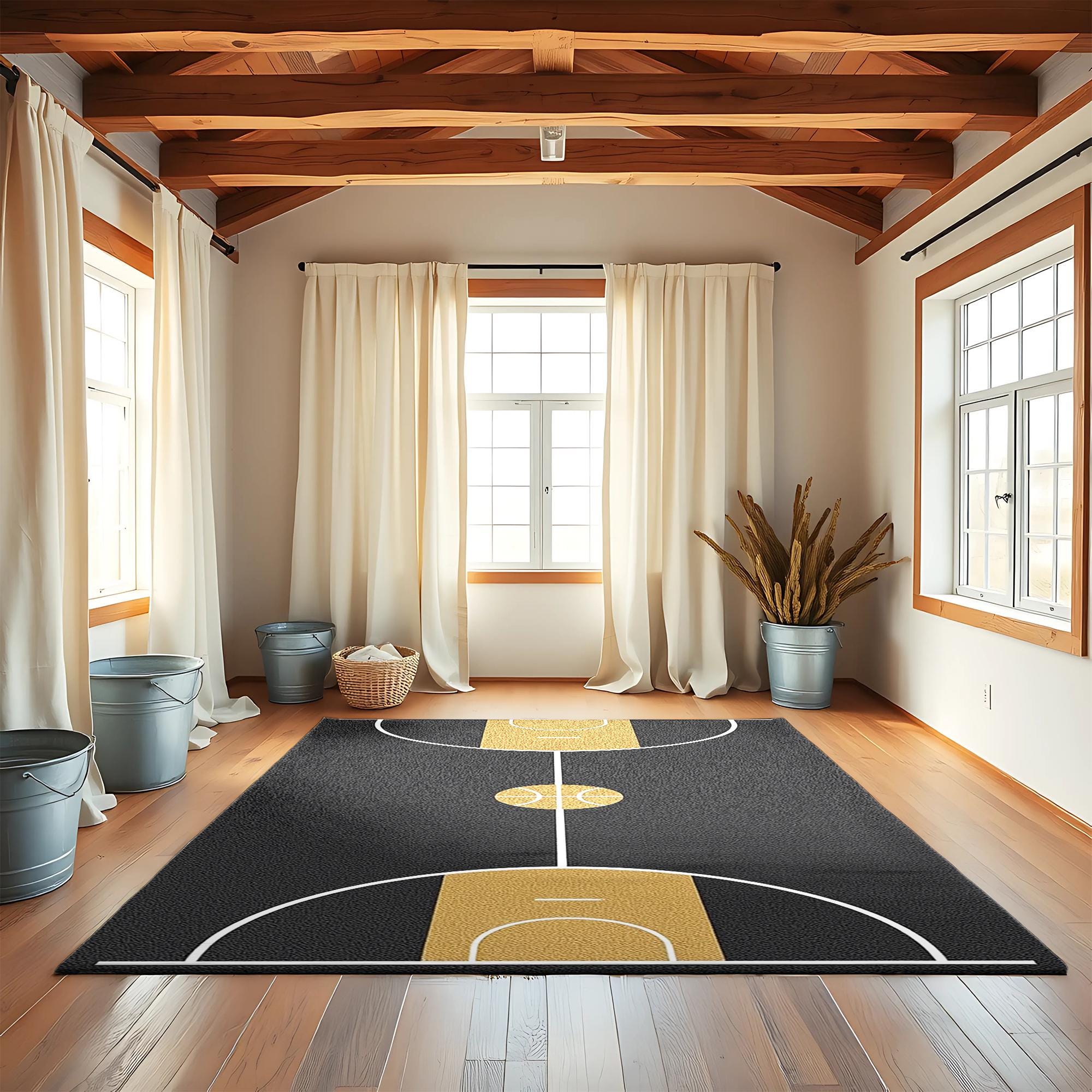 Basketball Court Rug: Black & Gold Sports Carpet for Teen Room - Etsy