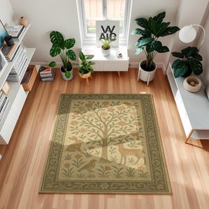 Woodland Animal Rug – Vintage Nature Inspired Carpet with Deer, Birds & Rabbits – Rustic Cottagecore Tapestry Style Home Decor Accent