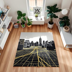 New York, Urban Cityscape Rug with Yellow Roads – Modern Black & White Skyline Carpet for Loft Decor, Teen Rooms, or Office Aesthetic Vibes