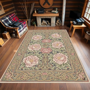 Victorian Rose Floral Rug – William Morris Style Carpet – Antique Botanical Tapestry Design – Vintage Cottagecore Home Decor - Ideal Gift