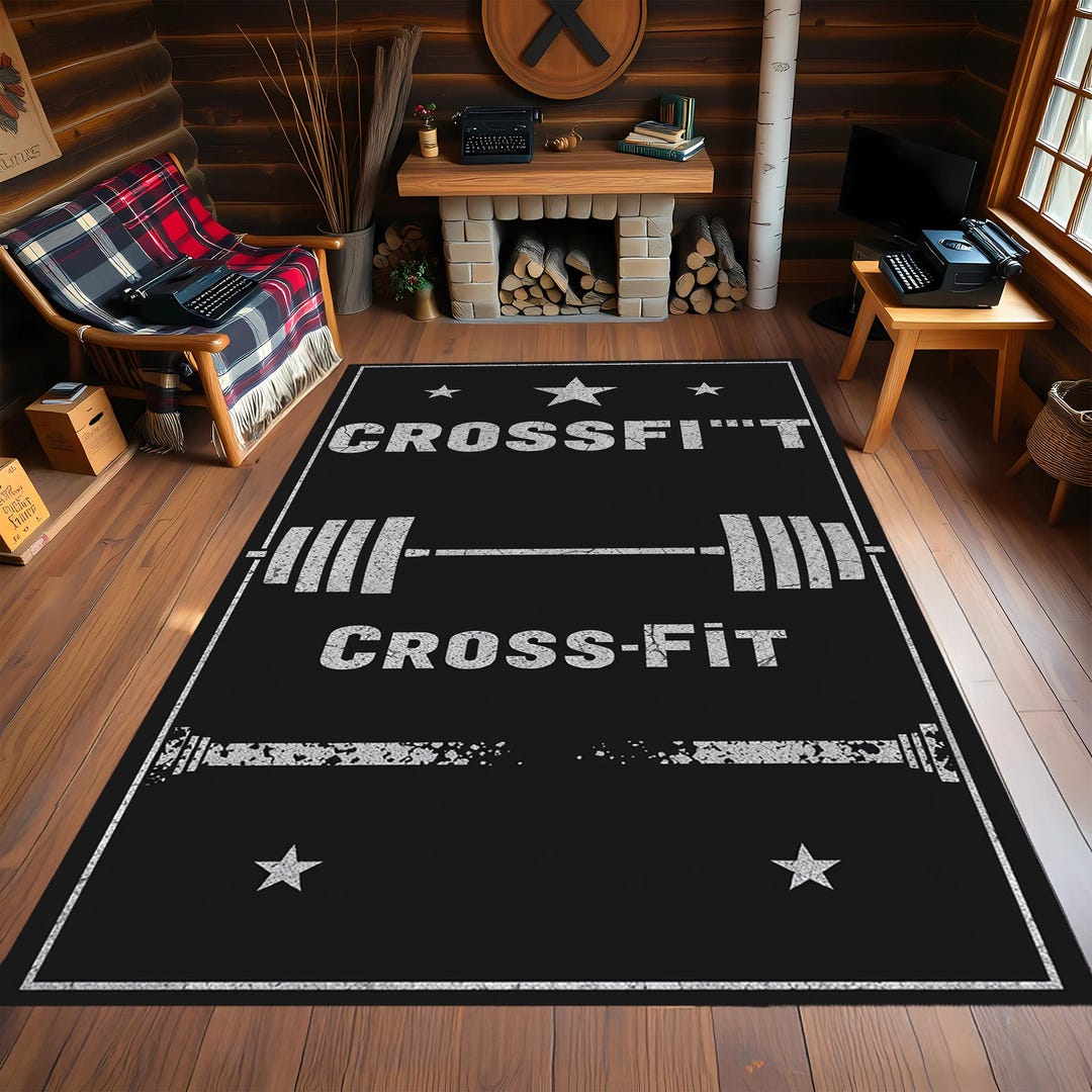 Crossfit Gym Rug: Black Barbell Design, Fitness Room Decor - Etsy