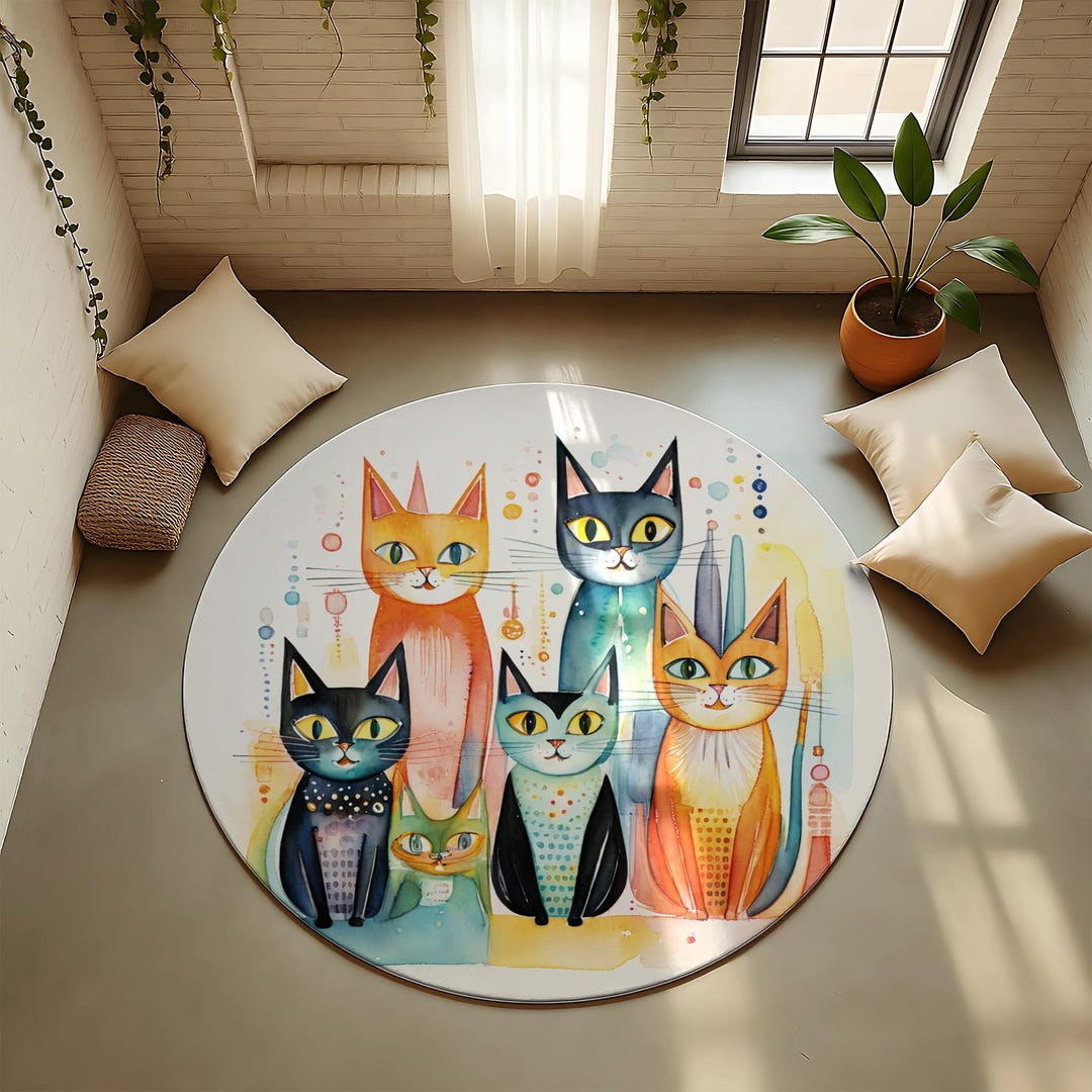 Watercolor Cat Family Round Rug: Whimsical Nursery Playroom Decor - Etsy