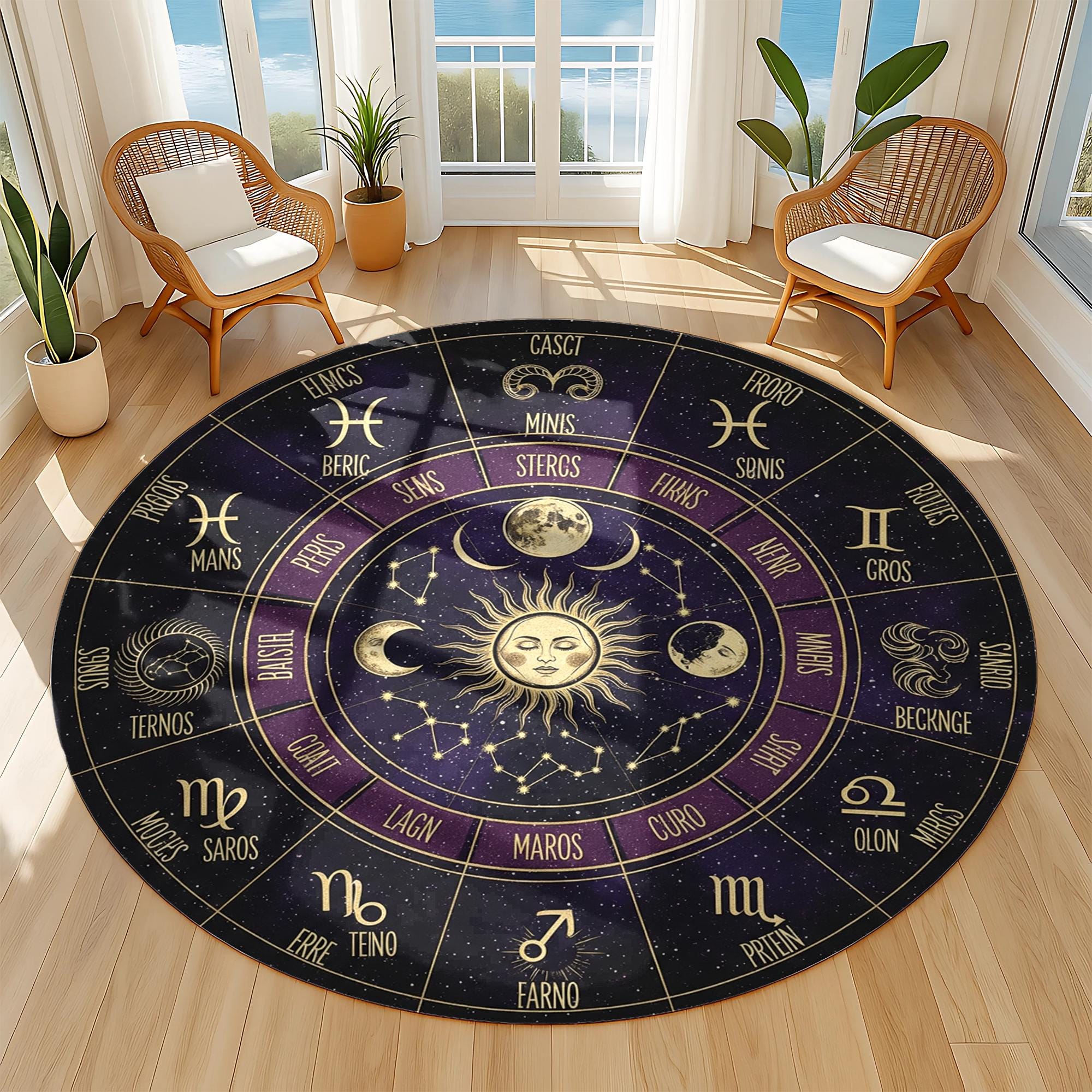神秘的な星座の円形ラグ：天体の太陽、月、星占い - Etsy 日本