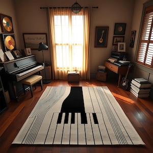 Piano Inspired Rug – Modern Music Theme Carpet – Black and White Minimalist Living Room Decor