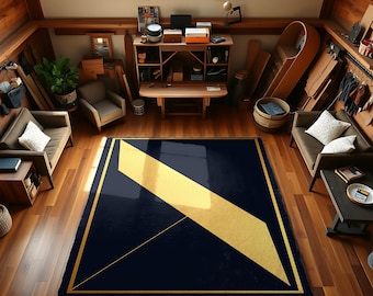 Navy Blue Gold Geometric Rug: Modern Abstract Art, Minimalist Decor