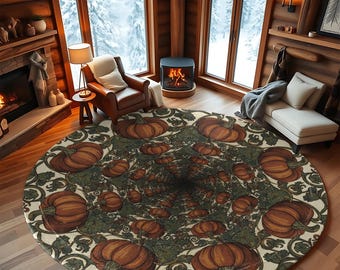 Vintage Botanical Pumpkin Rug: Round Autumn Farmhouse Carpet