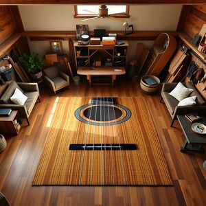 Puede incluir: Una alfombra rectangular grande diseñada para parecerse al cuerpo de una guitarra acústica. La alfombra presenta un patrón de vetas de madera marrón claro con una boca y cuerdas negras. La alfombra está colocada sobre un piso de madera en una habitación con paredes y muebles de madera.