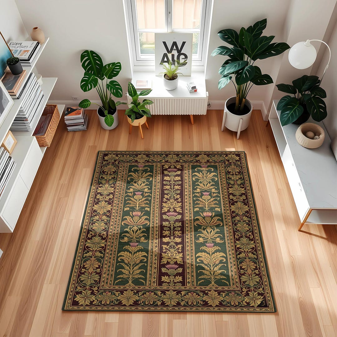 Green & Burgundy Victorian Style Rug – Striped Floral Carpet - Etsy
