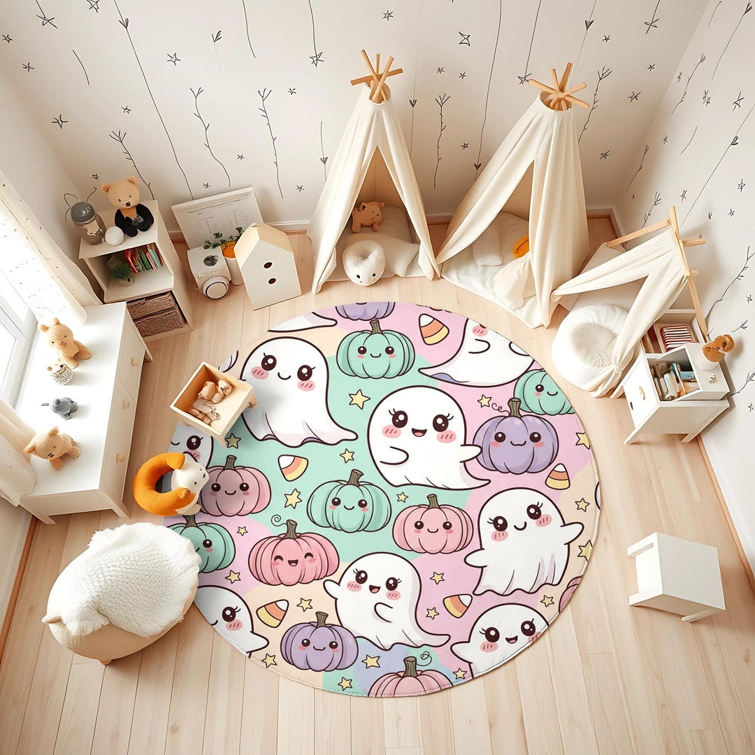 Pastel Halloween Ghost Rug for Kids, Cute Round Pumpkin Carpet, Kawaii ...