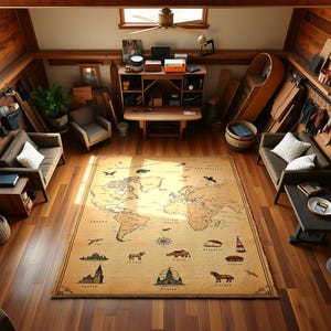 World Map Area Rug for Kids – Educational & Fun Geography Carpet with Animals and Landmarks – Playroom or Bedroom Floor Mat