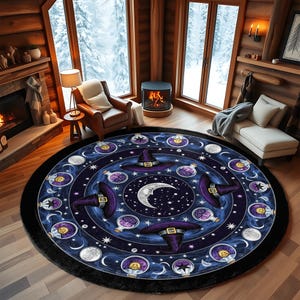 Witchy Moon Phase Round Rug - Mystical Carpet with Magic Hats & Potions, Celestial Decor for Halloween or Spiritual Home Vibes - Ideal gift