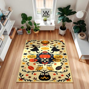 Whimsical Halloween Rug with Owls, Pumpkins & Witch Hats – Fun and Colorful Fall Carpet for Kids Room, Nursery or Spooky Home Decor
