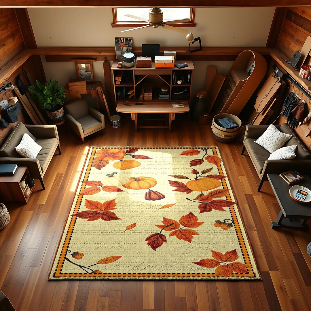 Pumpkin Fall Rug – Rustic Autumn Leaves Carpet for Living Room, Cozy ...