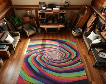 Psychedelic Spiral Area Rug – Rainbow Trippy Swirl Carpet, Retro Colorful Art Floor Decor