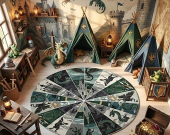 Medieval Dragon Play Rug, Round Fantasy Castle Carpet, Knight Nursery Decor for Boys Room