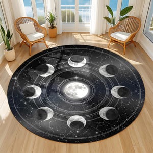 Moon Phase Round Rug – Celestial Galaxy Carpet with Lunar Cycle Design, Mystical Boho Home Decor for Bedroom, Living Room or Yoga Space