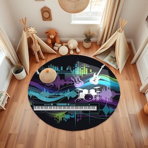 Music Themed Round Rug – Colorful Guitar Piano Drum Carpet, Modern Kids Playroom Area Rug, Musician Gift, Teen Bedroom Music Decor