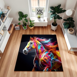 Colorful Abstract Horse Rug – Bold Rainbow Stallion Carpet with Vibrant Modern Art Design for Living Rooms or Creative Spaces