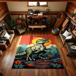 T-Rex Dinosaur Rug – Bold Jurassic Design Carpet for Kids Room or Play Area | Prehistoric Jungle Theme for Dino Lovers & Adventurous Souls
