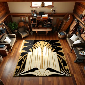 Art Deco Style Area Rug – Black and Gold Geometric Carpet for Living Room, Elegant Glam Vintage Gatsby Decor, Bold Statement Floor Rug