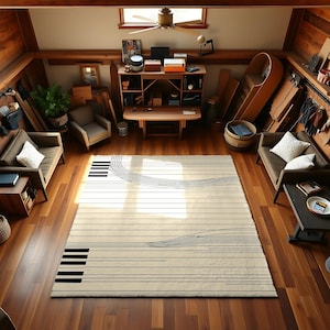 Modern Piano Keys Rug – Minimalist Music Theme Floor Carpet with Black & White Lines – Stylish Living Room or Studio Area Mat
