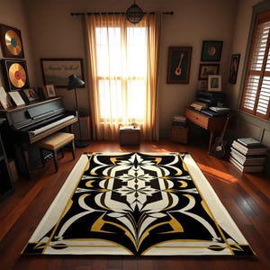 Luxury black and gold art deco rug, bold geometric pattern carpet, modern glam living room decor, statement floor center piece - Ideal Gift