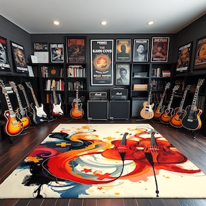 Colorful violin and abstract music theme area rug, digital printed carpet for studio or music room decor, unique gift for musicians