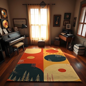 Retro Abstract Geometric Rug – Bold Color Block Mid Century Modern Carpet for Living Room, Bedroom or Studio | Artistic Floor Design