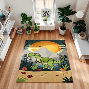 Cute Dinosaur Rug for Kids Room – Fun Prehistoric Jungle Carpet with Cartoon T-Rex & Sunset Scene | Dino Play Area Floor Mat