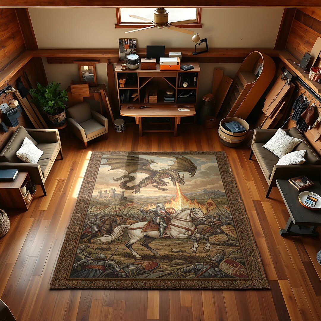 Tapestry Vs Rug Medieval Knight Vs Dragon Tapestry Style Fantasy Rug - Etsy