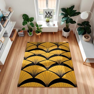 Art deco fan pattern area rug with bold gold and black design, digital printed carpet for modern luxury interiors, elegant glam home decor