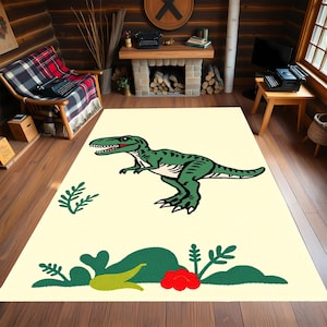 Kids Dinosaur Area Rug – Cute T-Rex Jungle Carpet for Toddler & Boys Room, Fun Prehistoric Floor Mat for Playroom or Nursery Decor