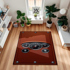 Vintage Car Dashboard Area Rug, Luxury Leather Look Floor Mat, Automotive Theme Room Decor, Unique Man Cave Accent Carpet for Him