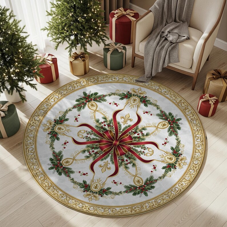 Luxury Christmas Rug With Gold Ribbon Elegant Holiday Design - Etsy