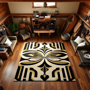 Art Deco Area Rug – Geometric Black and Gold Carpet for Living Room or Office, Luxury Bold Floor Mat, Modern Glam Gift Idea