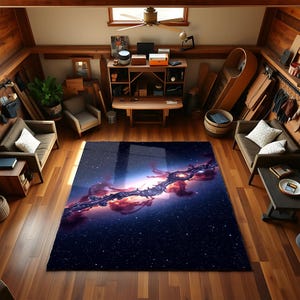Galaxy Nebula Rug with Deep Space Star Design, Cosmic Digital Print Carpet for Living Room, Modern Universe Theme Astronomy Floor Mat