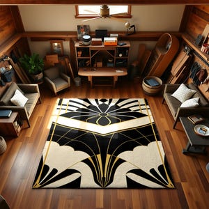 Classic Art Deco Area Rug, Black Gold Digital Print Carpet, Glam Living Room Decor, Aesthetic Xmas Gift, Elegant Home Office Floor Mat
