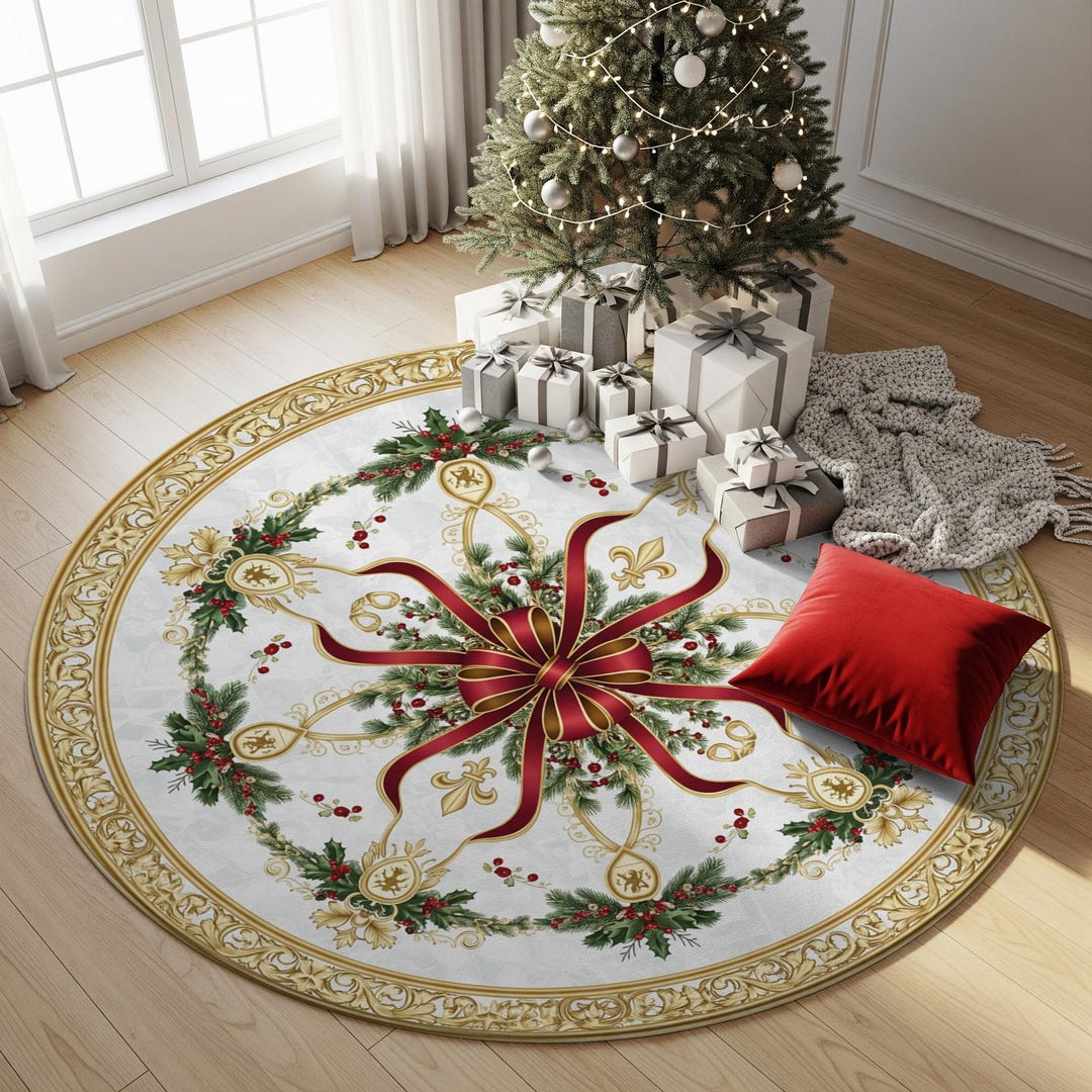 Luxury Christmas Rug With Gold Ribbon Elegant Holiday Design - Etsy