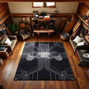 May include: A black rectangular area rug with a white circuit board design and a large, stylized video game controller in the center. The rug is placed on a hardwood floor in a room with wooden walls and furniture.