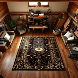 Gothic Baroque Black Rug with Ornate Gold & Red Details – Mysterious Occult Style Carpet for Living Room or Witchy Home Vibes