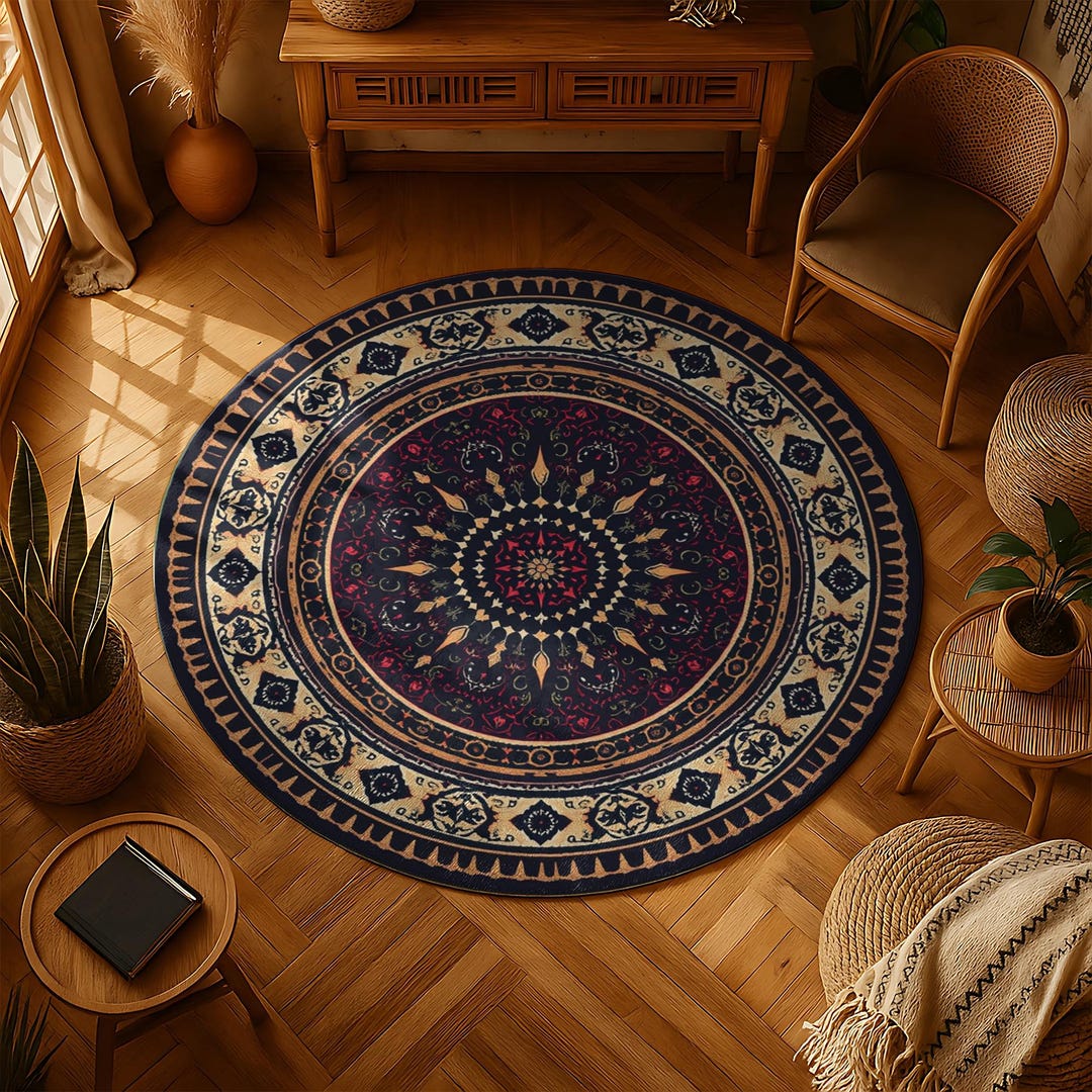 Round Mandala Rug: Bohemian Persian Style, Navy & Red - Etsy