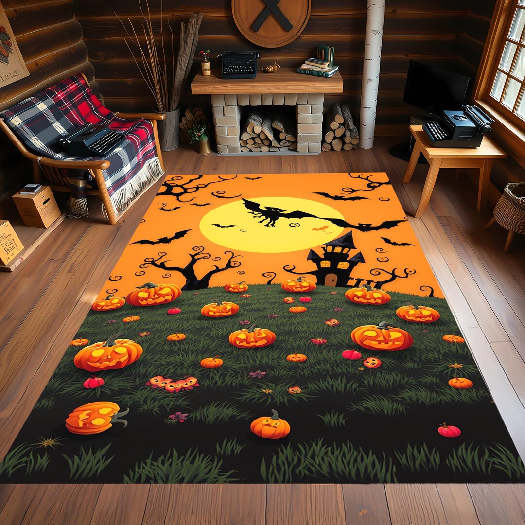 Witch Flying Halloween Rug With Moon, Pumpkins & Haunted House – Spooky ...