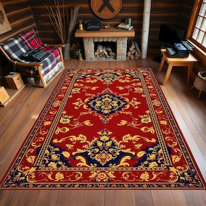 Traditional Red and Navy Oriental Area Rug – Classic Persian Style Carpet with Gold Floral Accents – Elegant Living Room Floor Mat