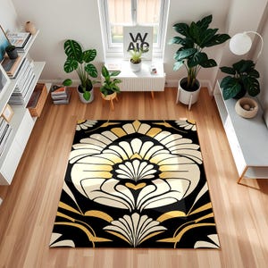 Art Deco Glam Black Gold Rug – Luxurious Geometric Fan Pattern Carpet for Living Room, Office or Holiday Gift, Bold Vintage Home Accent