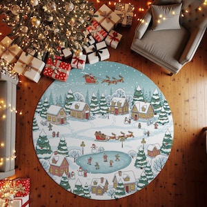 Christmas Village Rug: Round Festive Holiday Scene
