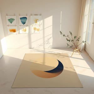 Minimalist Crescent Moon Rug – Modern Boho Neutral Area Carpet, Zen Style Floor Decor for Living Room or Bedroom - Great Friends Gift