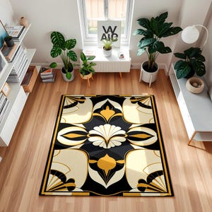 Art Deco Floral Fan Area Rug, Black Gold Digital Print Carpet, Glamorous Living Room Decor, Luxury Xmas Gift, Elegant Floor Mat