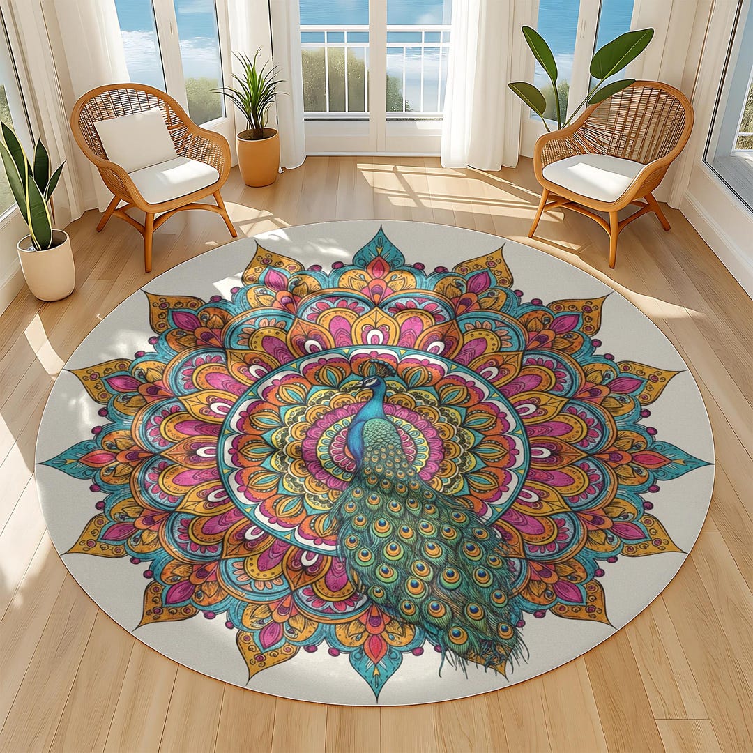 Mandala Rug Design Peacock Mandala Round Rug: Boho Floral Art, Vibrant Home Decor - Etsy