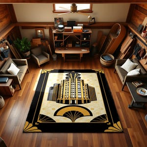 Art Deco Area Rug – Luxury Black & Gold Geometric Carpet with Vintage Glam Vibe, Bold Modern Floor Decor Inspired by Gatsby Architecture