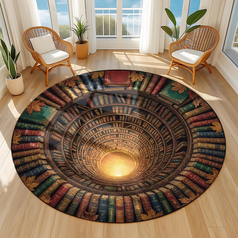 3D Infinity Library Rug, Dark Academia Decor, Round Book Vortex Carpet ...